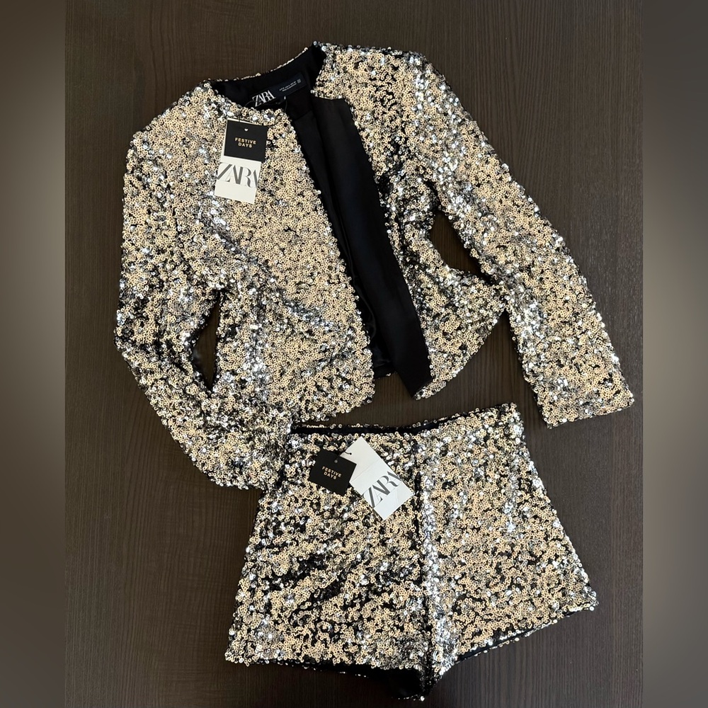 Zara Festive Sequin Jacket and Shorts in Silver and Black - Picture 10 of 16